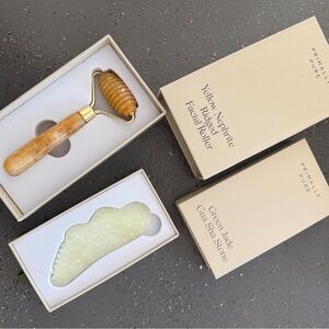 NEW Primally Pure Yellow Nephrite Ridged Facial Roller & Green Jade Gua Sha Set
